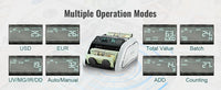 VEVOR 1000 Pcs/Min Money Counter Business Cash Register Euros Bills Fake Banknote Detector by UV and MG Function for Banks Shops