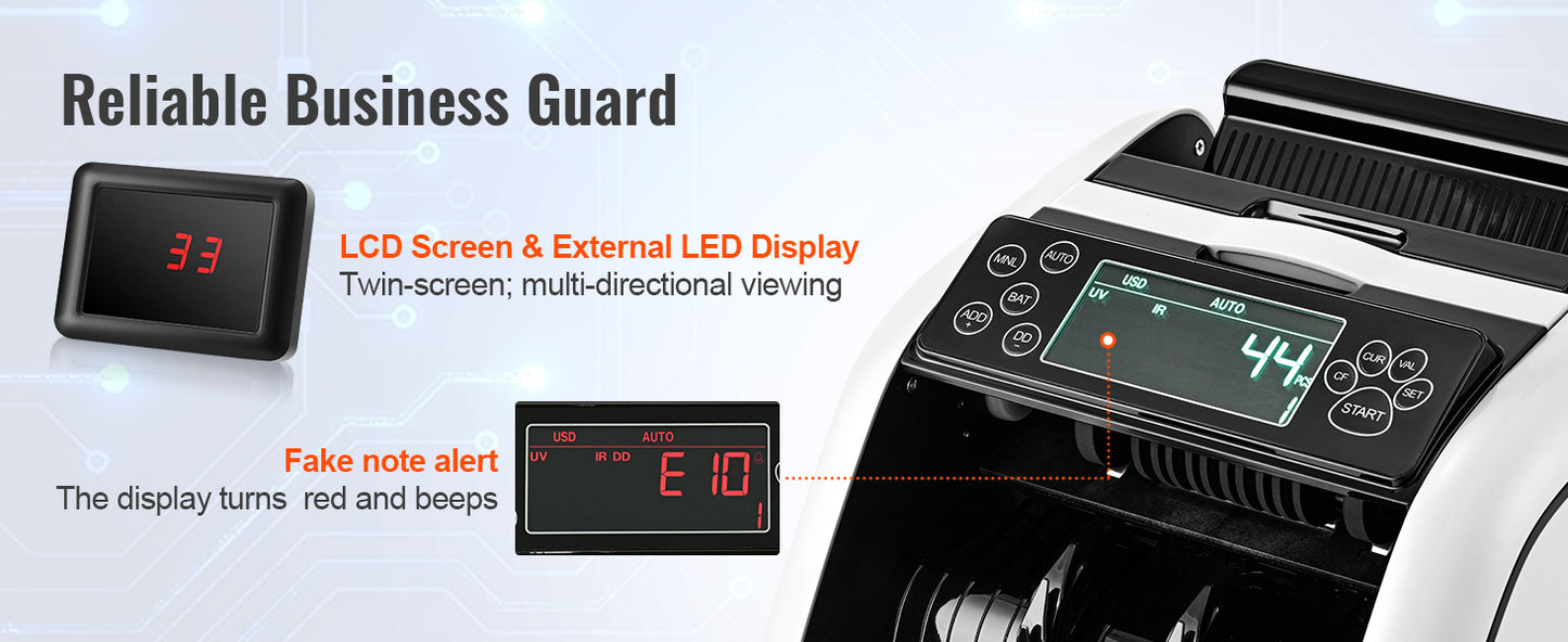 VEVOR 1000 Pcs/Min Money Counter Business Cash Register Euros Bills Fake Banknote Detector by UV and MG Function for Banks Shops
