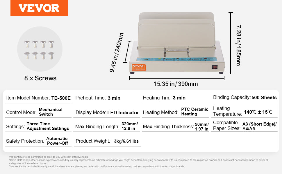 VEVOR Thermal Binding Machine 500 Sheets 50mm Binding Thickness A3(Short Edge)/A4/A5 Document with Infrared Optical Detection