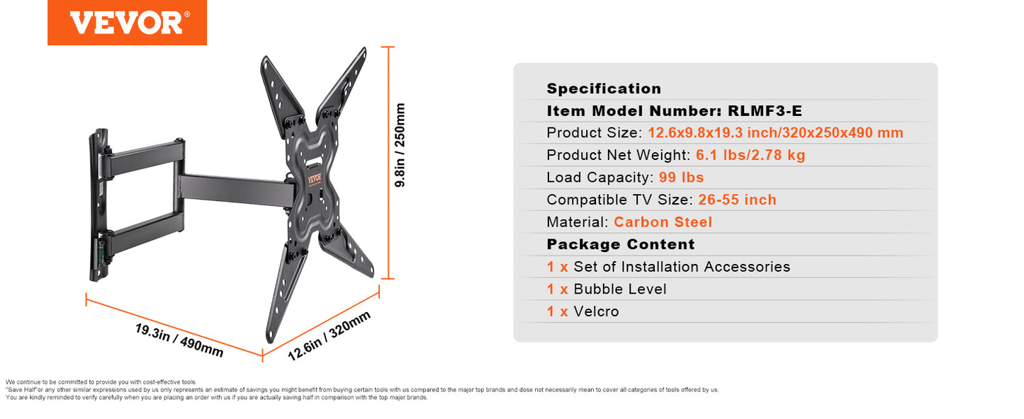 VEVOR Full Motion TV Mount Fit for Most 26-90in TVs Swivel Tilt Horizontal Adjustment TV Wall Mount Bracket W/ Articulating Arms